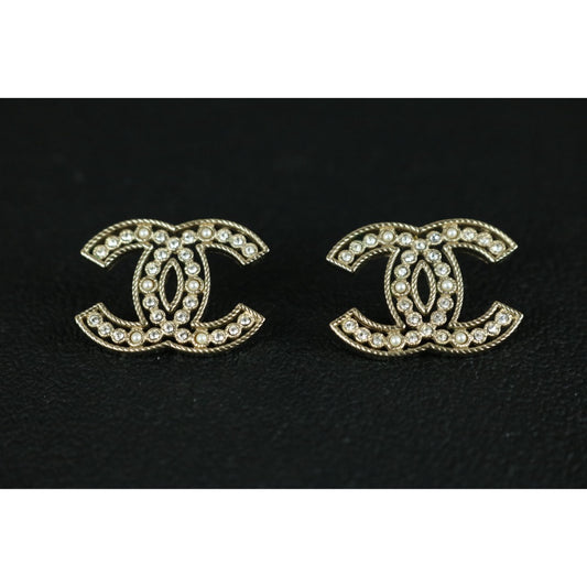 Very Good ( Rank A) ｜ CHANEL B20V Coco Mark Pearl Rhinestone Golden Earrings Made In 2020Year ｜S25121114