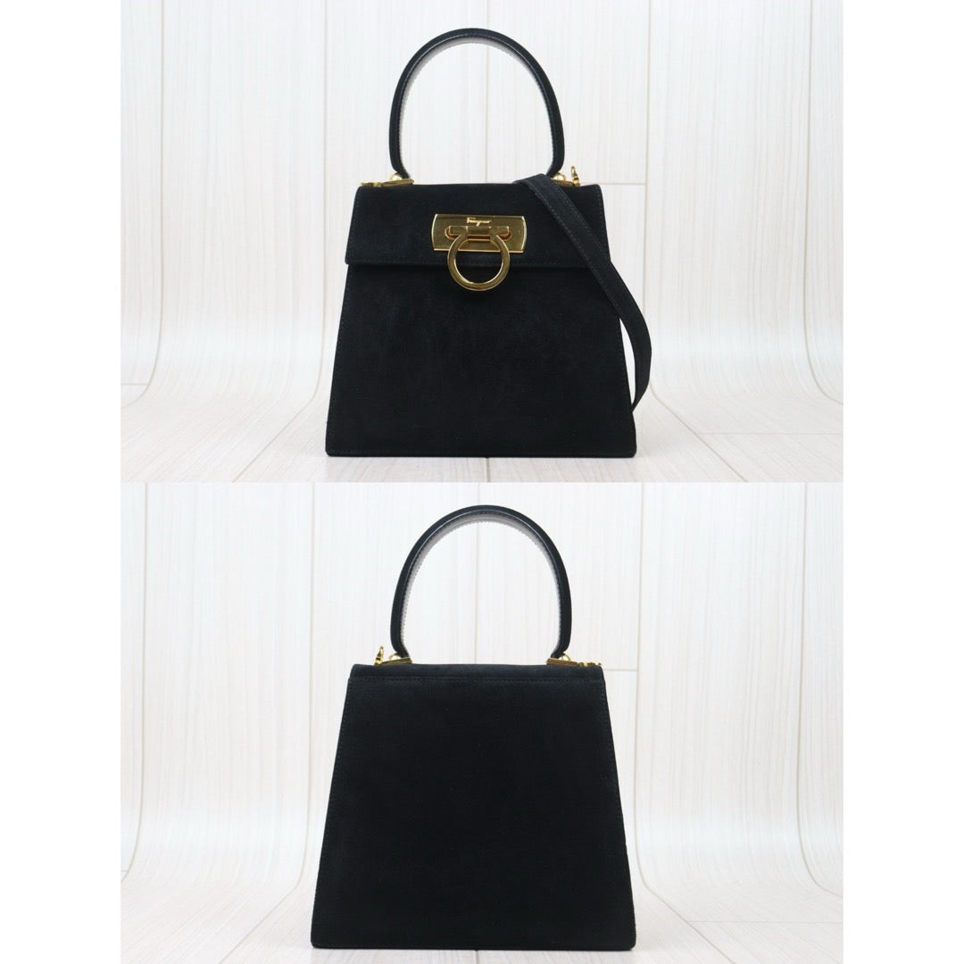 Very Good ( Rank A) ｜Ferragamo Gancini Suede 2WAY Handbag Shoulder Bag Black｜24091703