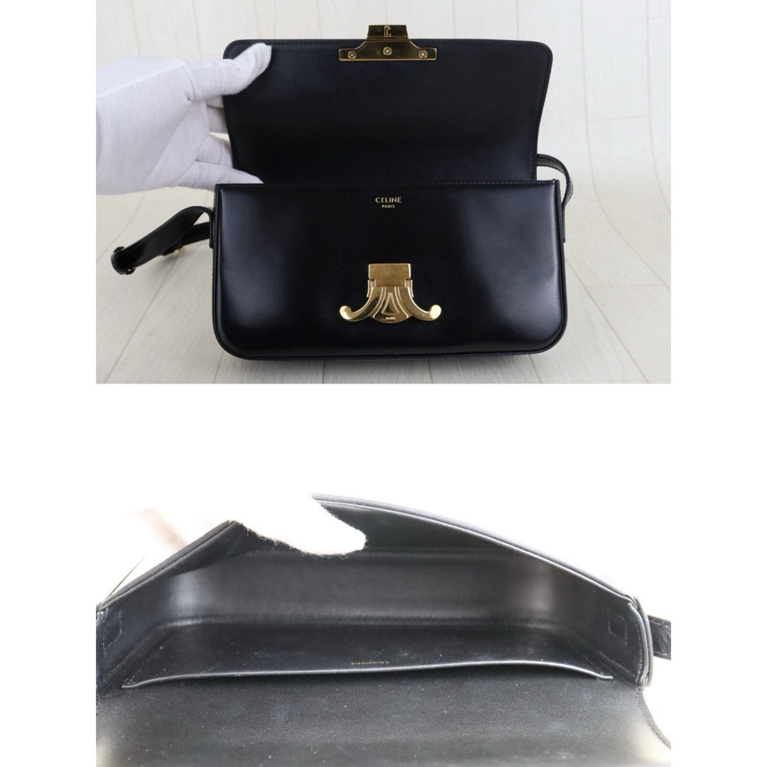 Good ( Rank AB) ｜CELINE Calf Leather Triomphe Black Shoulder Bag Golden Hardware｜S25121504