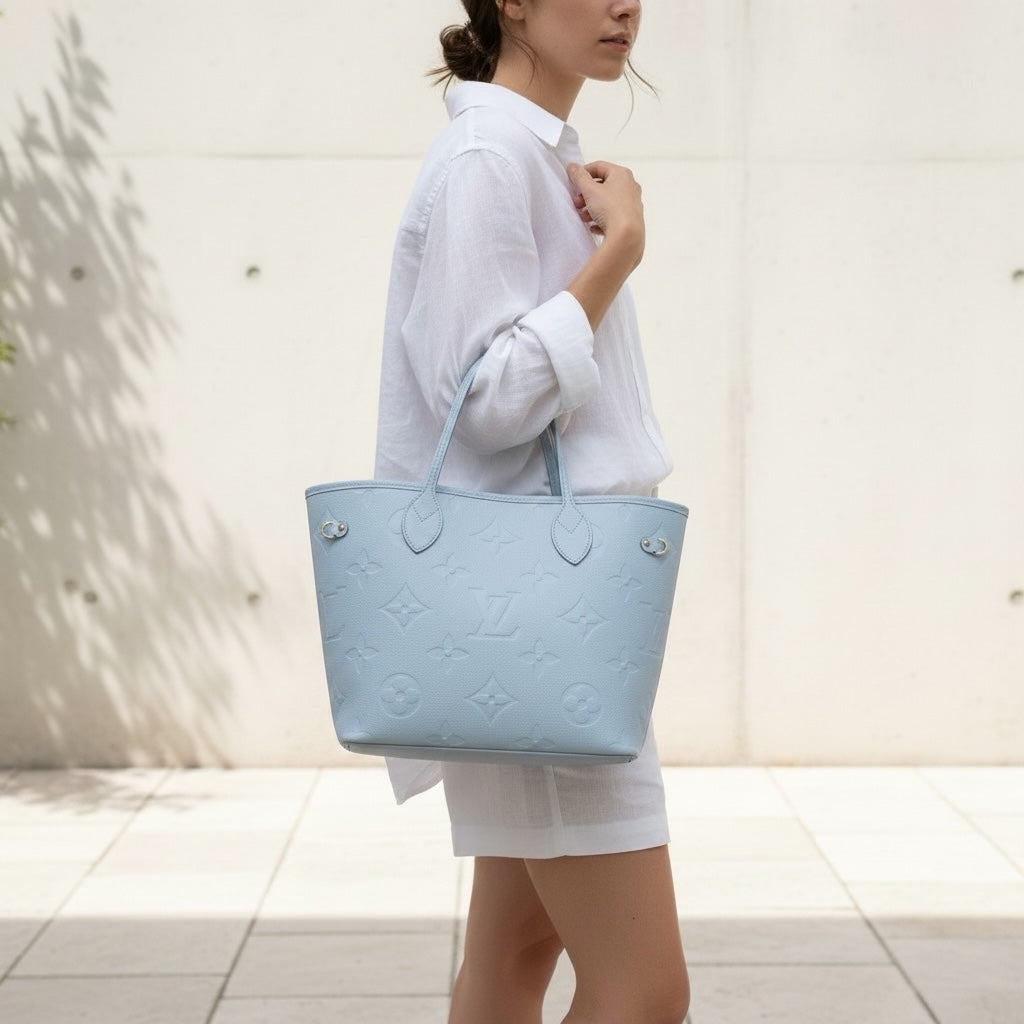 Include Entrupy Certificate of Authenticity｜Very Good ( Rank A)｜ Louis Vuitton Monogram Empreinte Calf Leather Blue Hour Neverfull MM With Pouch  IC Chips Model｜S26053008