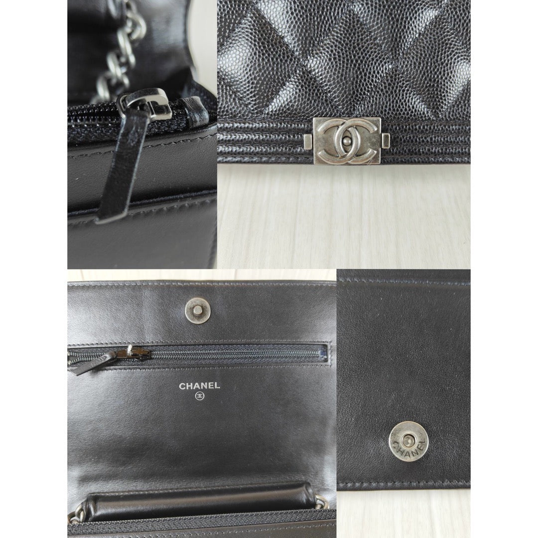 Rank A｜ CHANEL Boy Matelasse Caviar Skin Chain Wallet Black Silver Hardware Made in 2019-2020 Year ｜S23120601