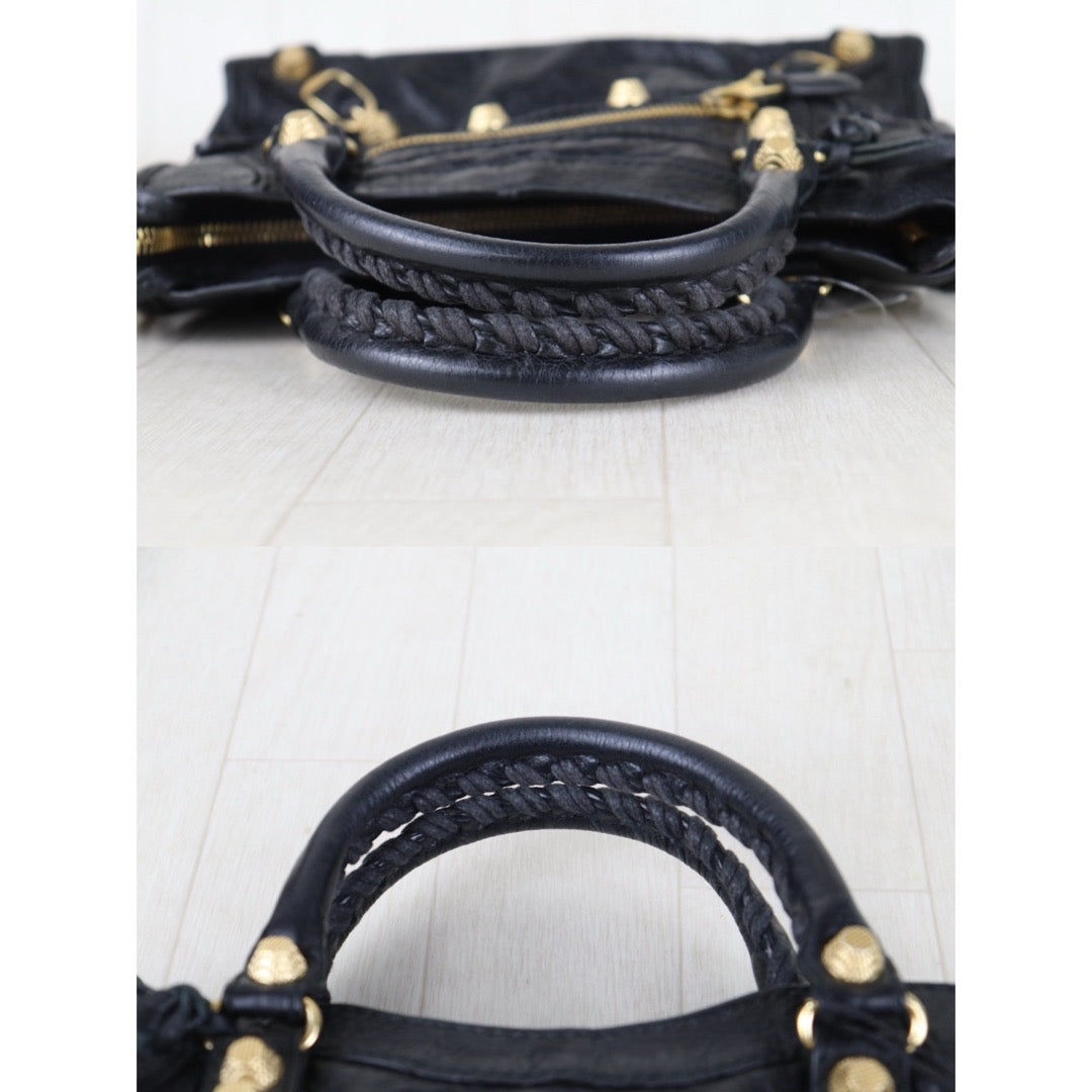 Include Entrupy Certificate of Authenticity｜Good ( Rank AB)｜Balenciaga Chevre Leather Gaint Classic Metallic Edge City Mini Black HandBag Shoulder Bag ｜Z26092903