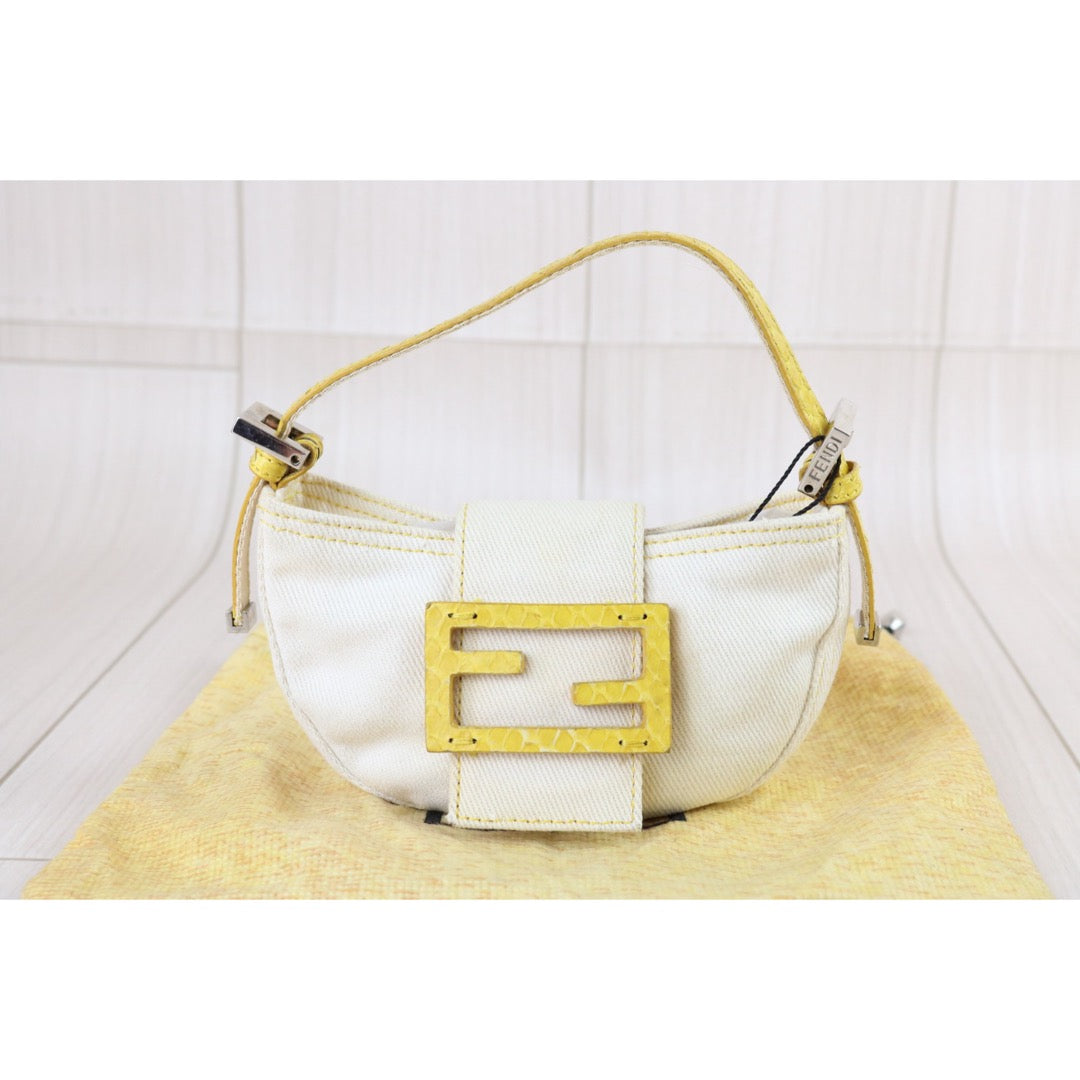 Include Entrupy Certificate of Authenticity｜Good ( Rank AB)｜ FENDI White Denim and Yellow Python Mini Croissant Shoulder Bag ｜X26090802