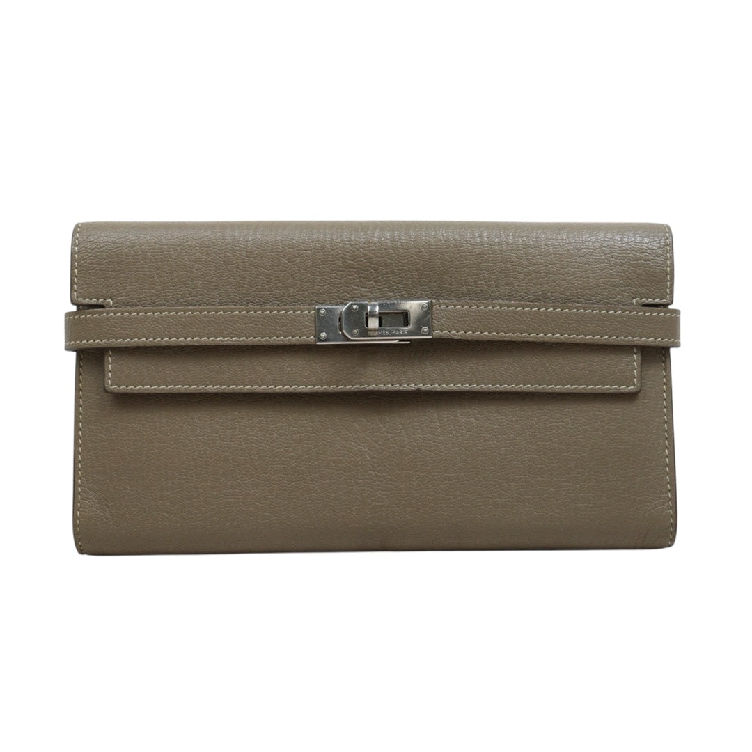 Include Entrupy Certificate of Authenticity｜Good ( Rank AB)｜ HERMES Goatskin Kelly Long Wallet Etoupe □Q Stamp Made In 2013Year｜W26020602
