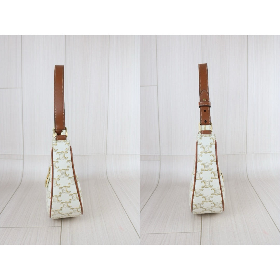 Include Entrupy Certificate of Authenticity｜Very Good ( Rank A)｜ CELINE AVA Macadam Triomphe Calf Leather Shoulder Bag White ｜S26072903