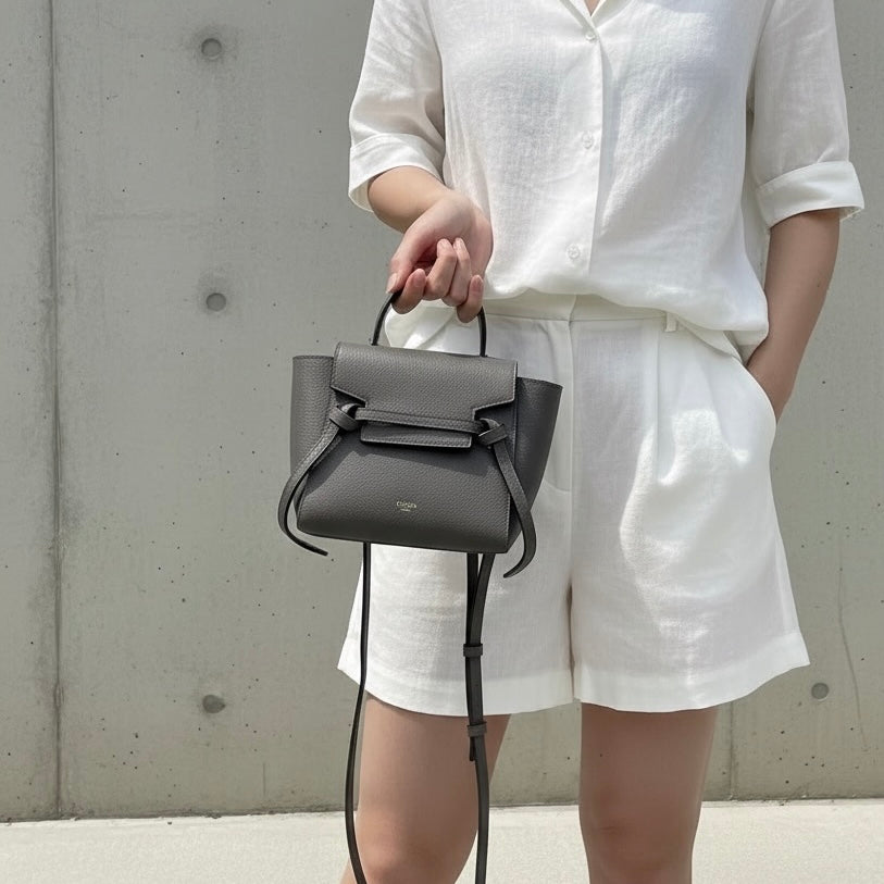 Include Entrupy Certificate of Authenticity｜Very Good ( Rank A)｜CELINE Calf Leather Belt Pico Handbag Shoulder Bag Etoupe Gray｜S26042901