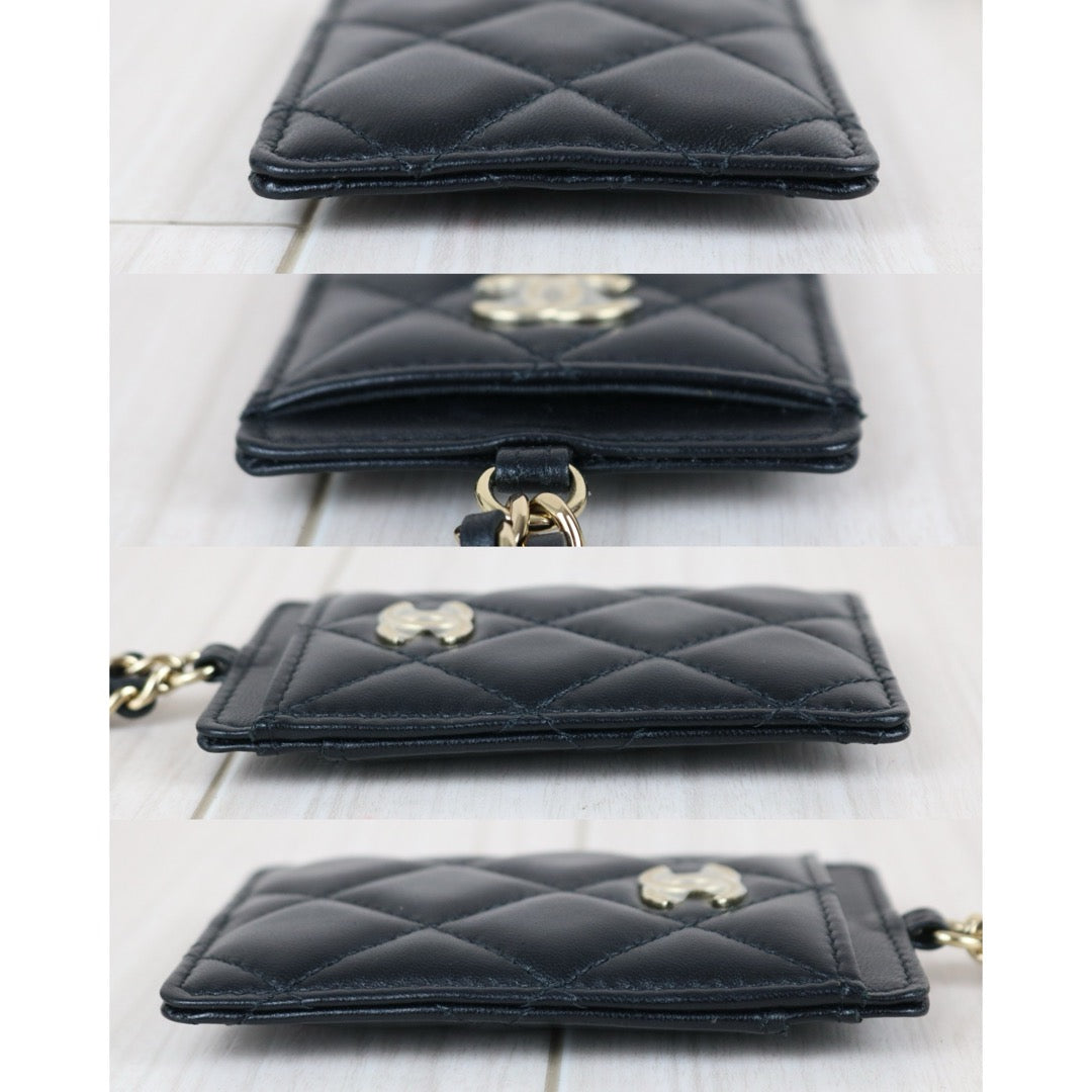 Include Entrupy Certificate of Authenticity｜Very Good ( Rank A)｜ CHANEL Coco Mark Lambskin Matrasse Bow Chain Card Holder Black Made In 2021-2022Year｜S26061501