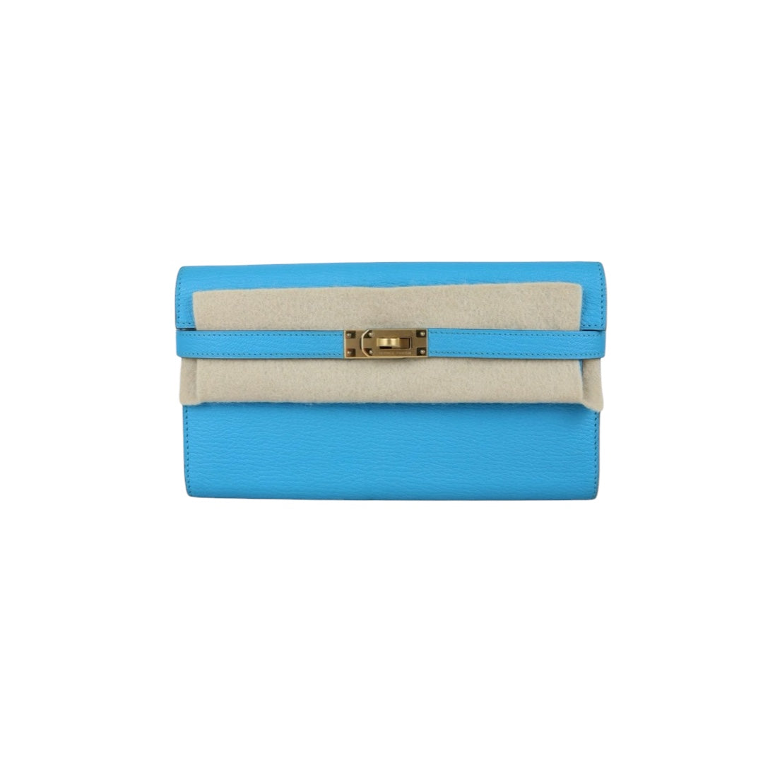 Include Entrupy Certificate of Authenticity｜Very Good ( Rank A)｜ HERMES Goatskin Kelly Long Wallet Blue Paon □R Stamp Made In 2014Year｜X26042002