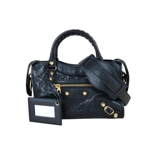 Include Entrupy Certificate of Authenticity｜Good ( Rank AB)｜Balenciaga Calf Leather Gaint Classic mini city Handbag Shoulder Bag Black｜S26030803
