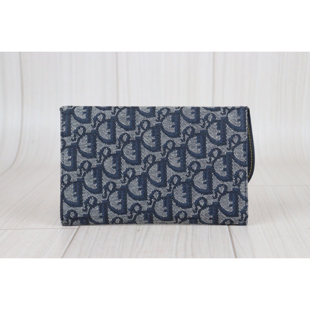 Rank A ｜ Dior Trotter Saddle Tri-fold Long Wallet Jacquard Leather Navy｜23080913