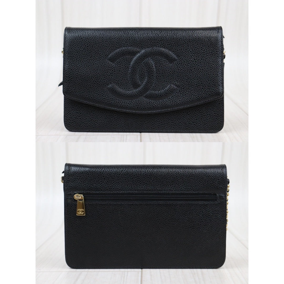 Rank A｜ CHANEL Caviar Skin Chain Wallet Black Gold Hardware Made in 2002-2003 Year ｜24020117