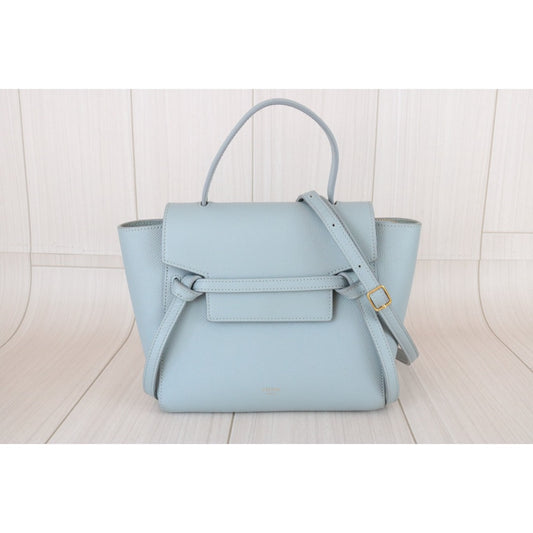 Good ( Rank AB)｜CELINE Calf Leather  Belt Nano Handbag Shoulder Bag Light Blue｜X26030106