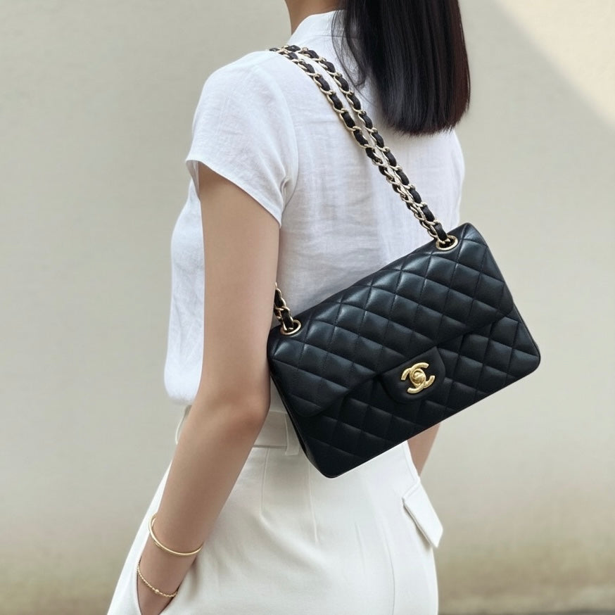 Include Entrupy Certificate of Authenticity｜Good ( Rank AB)｜ CHANEL Lamb Skin Matrasse Chain Double Flap 23 Shoulder Bag Black Made in 2019 Year｜S26042902