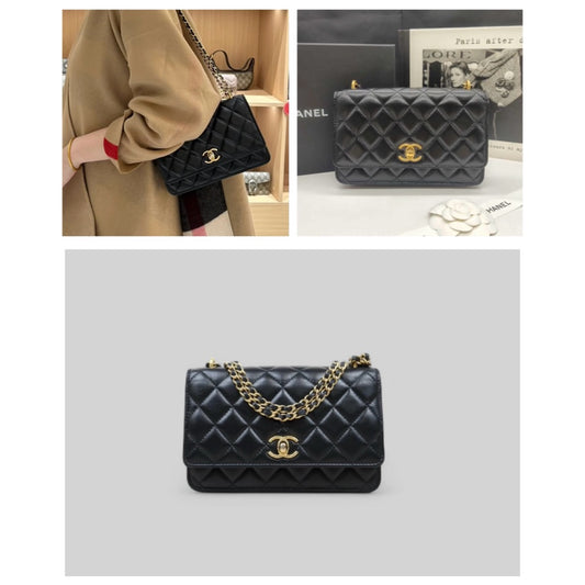 Good ( Rank AB)｜ CHANEL Matelasse Lamb Skin Chain Wallet Black Gold Hardware IC Chips Model ｜P25031402