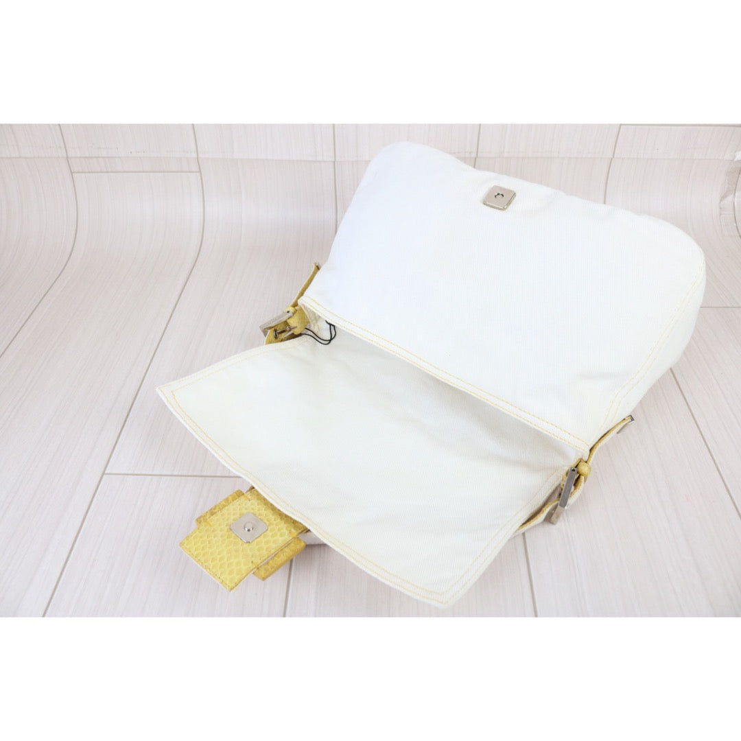 Include Entrupy Certificate of Authenticity｜Good ( Rank AB)｜ FENDI White Denim and Yellow Python Mamma Baguette Shoulder Bag ｜X26090412