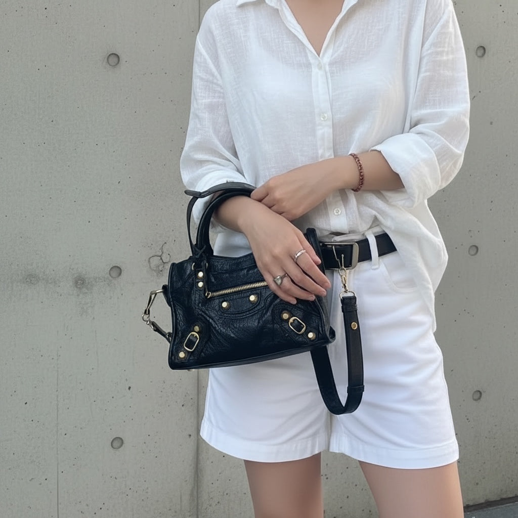 Include Entrupy Certificate of Authenticity｜Good ( Rank AB)｜Balenciaga Oiled Leather Gaint Classic Mini City Handbag Shoulder Bag Black｜S26052502