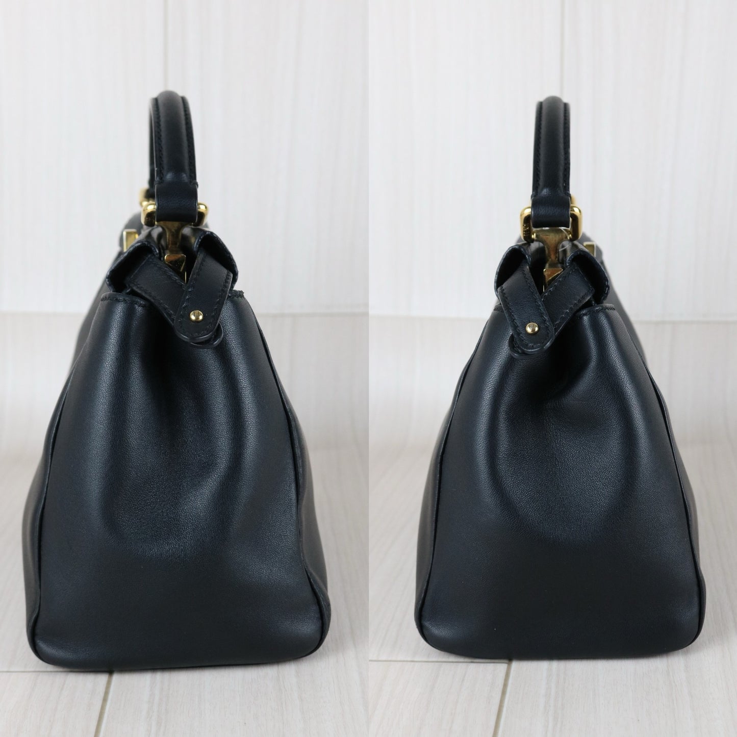 Very Good （Rank A） ｜ FENDI Calf Leather Peekapoo iconic mini Handbag With Shoulder Bag Black｜S26011707