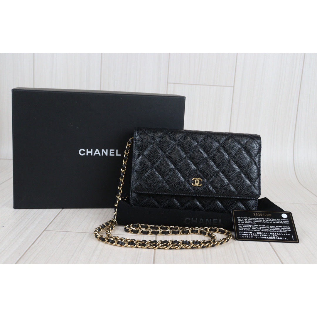 Rank SA Full Set｜ CHANEL Matelasse Caviar Skin Chain Wallet Black Gold Hardware ｜23080312