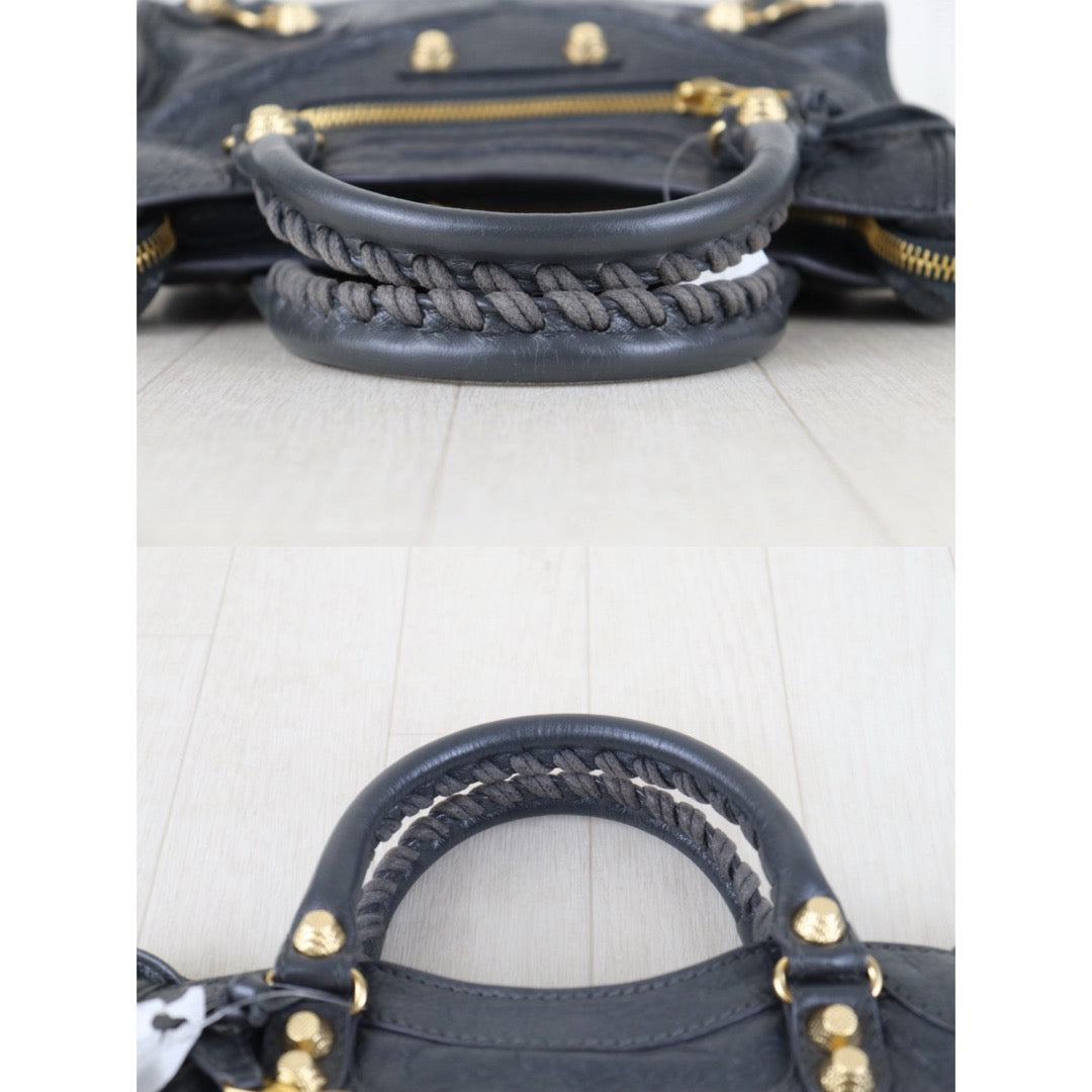 Include Entrupy Certificate of Authenticity｜Very Good ( Rank A)｜Balenciaga Waxed Leather Gaint Classic City Mini Grey HandBag Shoulder Bag ｜Z26100205