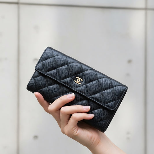 Include Entrupy Certificate of Authenticity｜Very Good ( Rank A)｜CHANEL Caviar Skin Black Long Wallet Made In 2015-2016Year｜S26050801