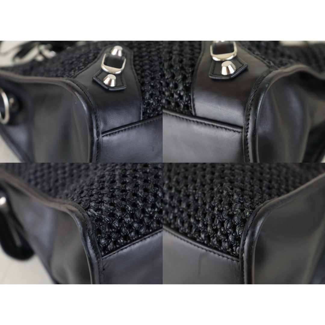 Include Entrupy Certificate of Authenticity｜Very Good ( Rank A)｜Balenciaga Classic City Straw GM Black Motorcycle HandBag Shoulder Bag ｜Z26091902