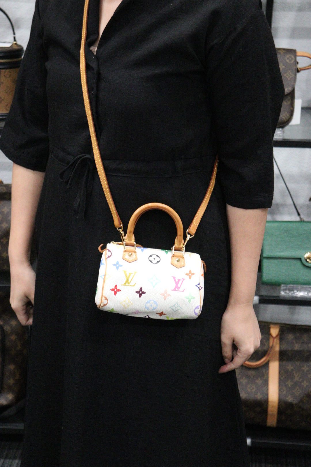 Rank AB ｜ LV Multi Monogram Mini Speedy White Handbag With Shoulderstrap｜23121914