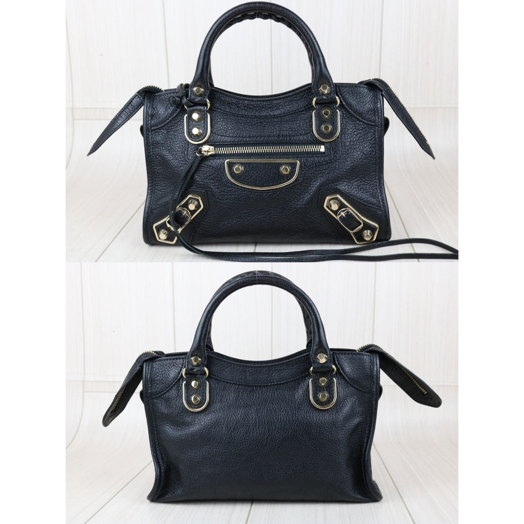 Include Entrupy Certificate of Authenticity｜Very Good ( Rank A)｜Balenciaga Chevre Leather Gaint Classic Metallic Edge City Mini Black HandBag Shoulder Bag ｜X26092111