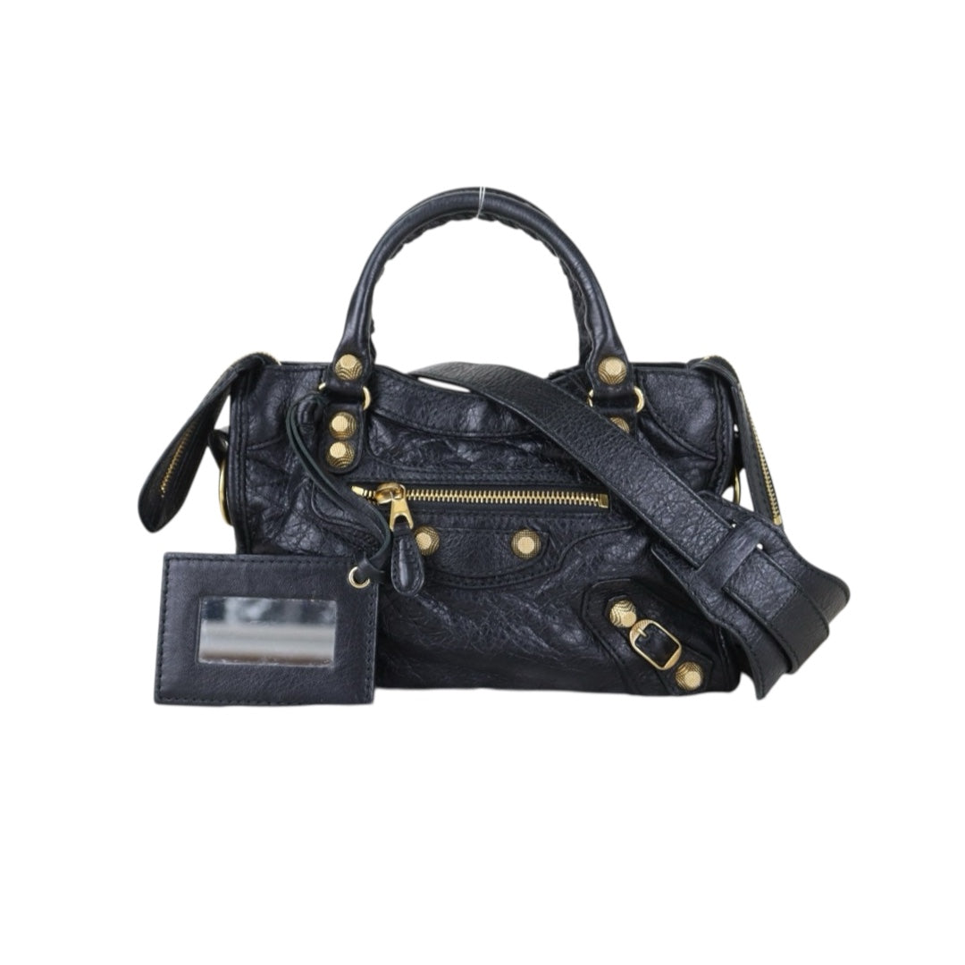 Include Entrupy Certificate of Authenticity｜Good ( Rank AB)｜Balenciaga Chevre Leather Gaint Classic Metallic Edge City Mini Black HandBag Shoulder Bag ｜Z26092903