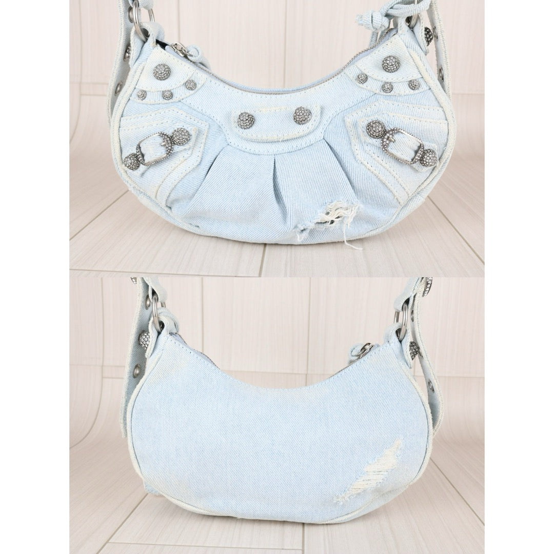 Very Good ( Rank A)｜Balenciaga Denim With Rhinestones Le cargole XS Shoulder Bag Light Blue ｜S25110309