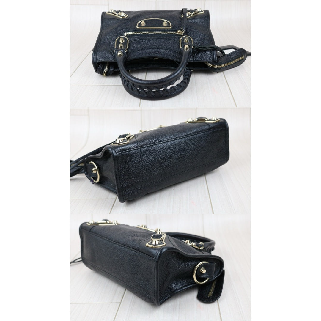 Include Entrupy Certificate of Authenticity｜Very Good ( Rank A)｜Balenciaga Chevre Leather Gaint Classic Metallic Edge City Mini Black HandBag Shoulder Bag ｜X26092111
