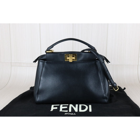 Very Good ( Rank A) ｜ FENDI Calf Leather Peekapoo iconic mini Handbag With Shoulder Bag Black｜S26010805
