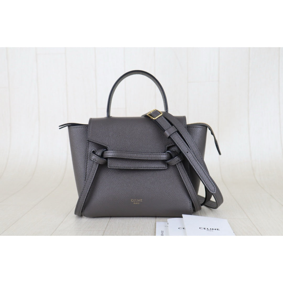 Include Entrupy Certificate of Authenticity｜Very Good ( Rank A)｜CELINE Calf Leather Belt Pico Handbag Shoulder Bag Etoupe Gray｜S26042901