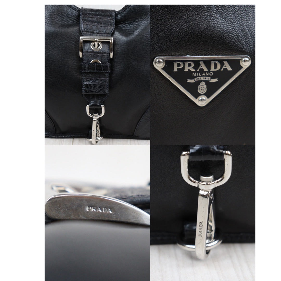 Rank A｜Prada Black Crocodile Leather Sheepskin Shoulder Bag｜Q23121909