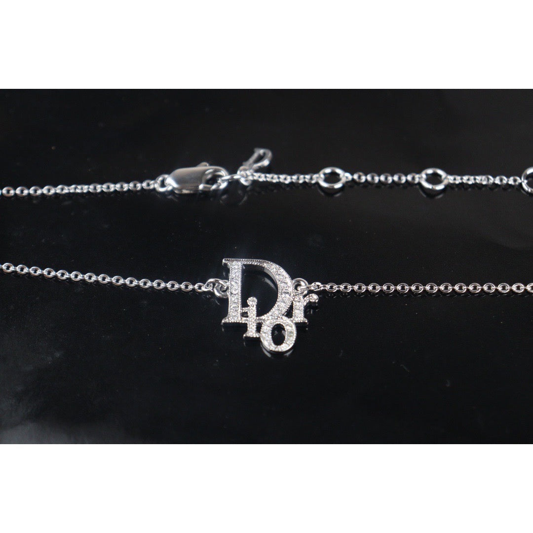 Rank A ｜ Dior Dior Logo Necklace Rhinestone Silver Plated ｜V23082617