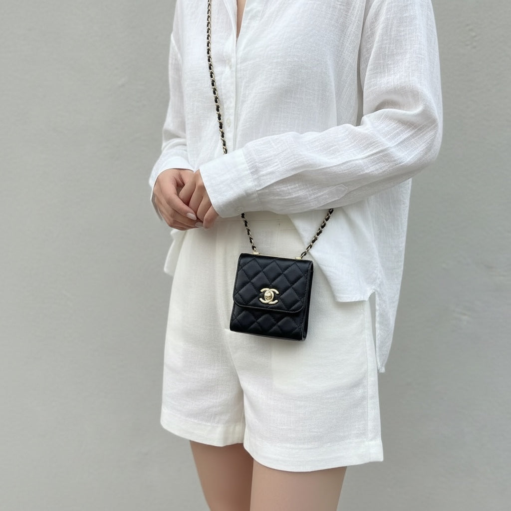 Include Entrupy Certificate of Authenticity｜Very Good ( Rank A)｜ CHANEL Matelasse Chain Lamb Skin Trandy CC mini Box Black Made In 2021-2022Year ｜S26060113