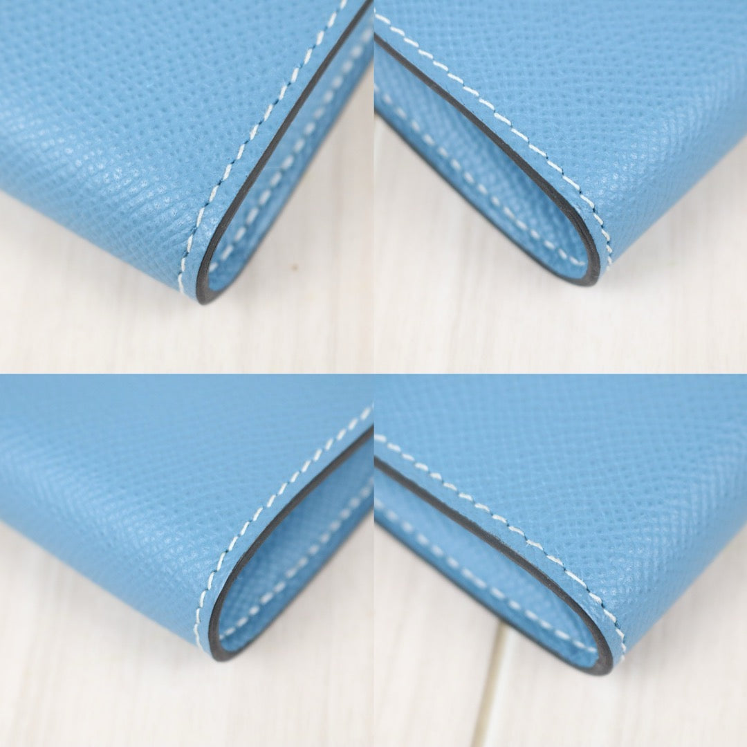 Include Entrupy Certificate of Authenticity｜Very Good ( Rank A)｜ HERMES Goatskin Kelly Long Wallet Etoupe □O Stamp Made In 2011Year Bleu Jean｜X26100708
