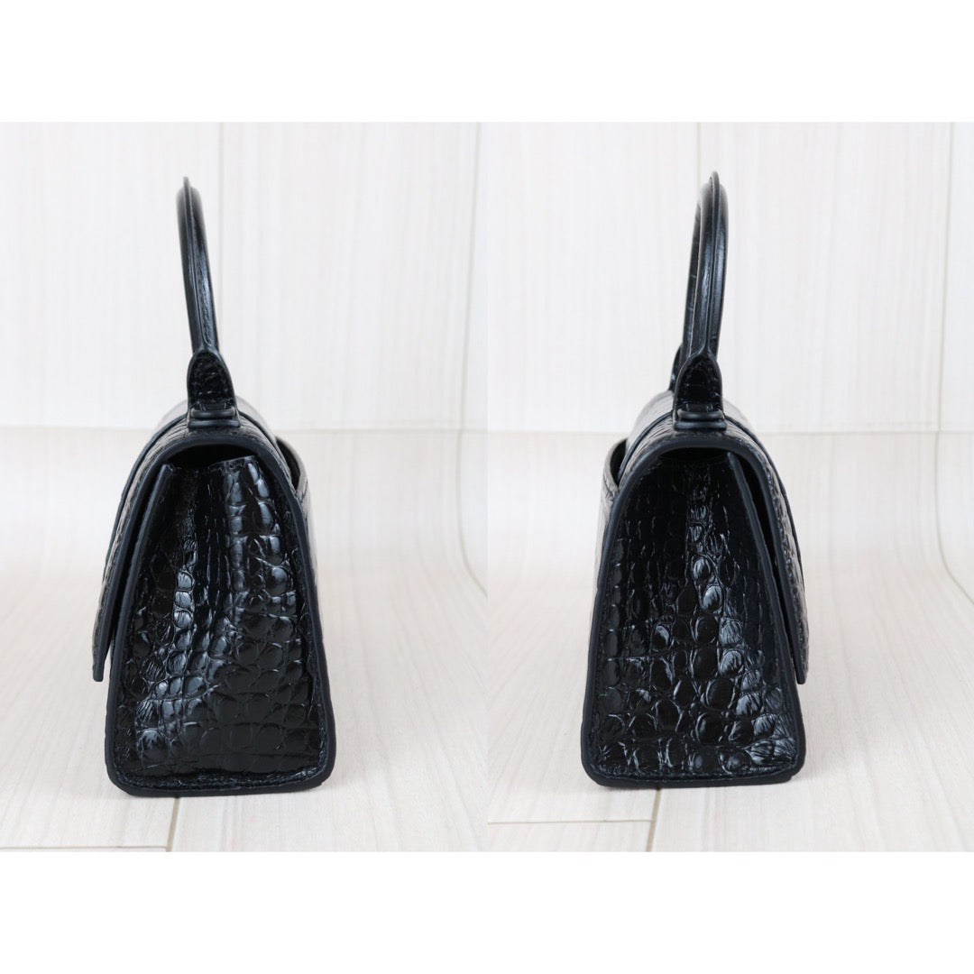 Include Entrupy Certificate of Authenticity｜Very Good ( Rank A)｜Balenciaga Crocodile Embossed Calfskin So Black Hourglass Hand Bag Shoulder Bag XS｜Z26091606