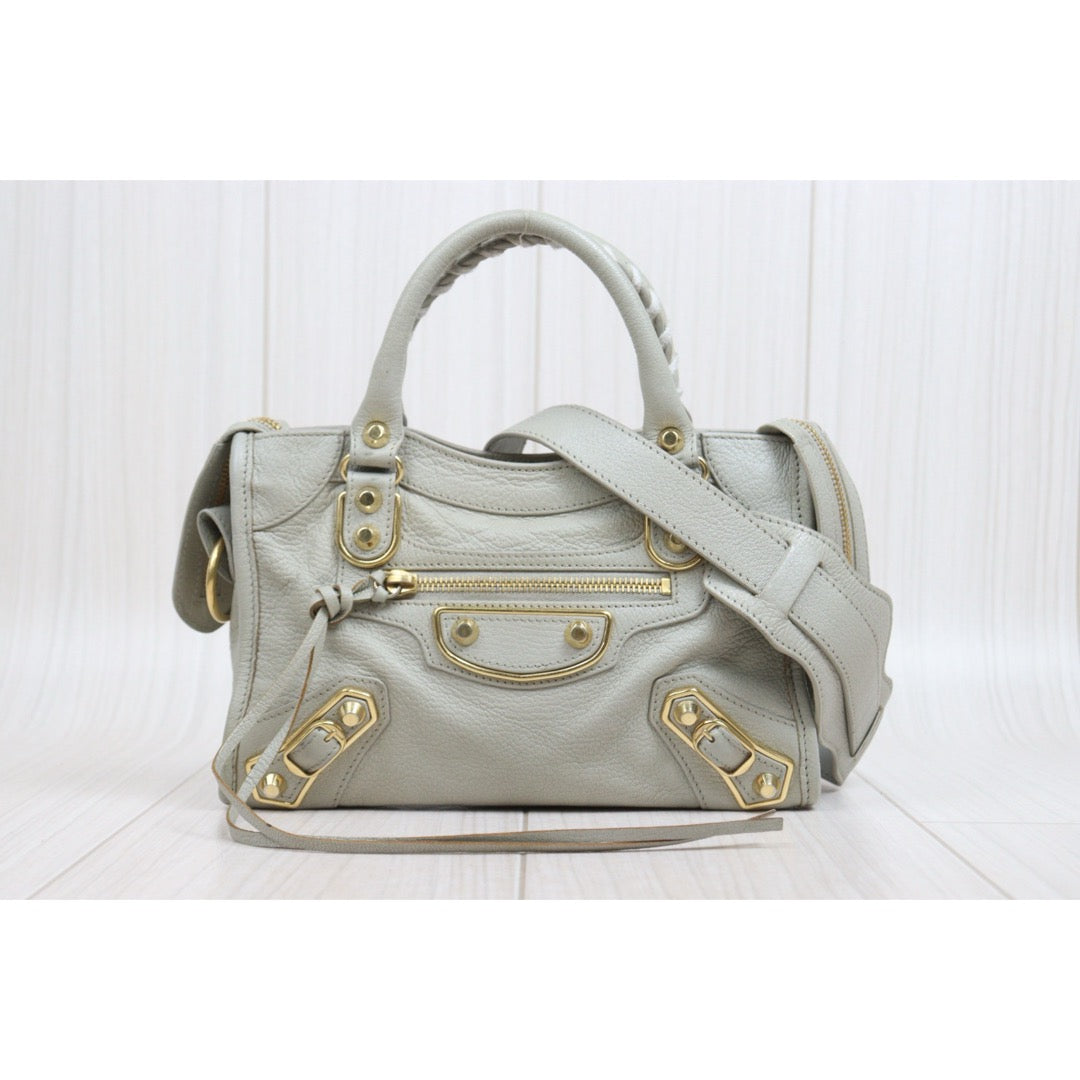 Include Entrupy Certificate of Authenticity｜Good ( Rank AB)｜Balenciaga Goatskin Edge Gaint Classic Mini City Handbag Shoulder Bag Light Gray｜S26060103