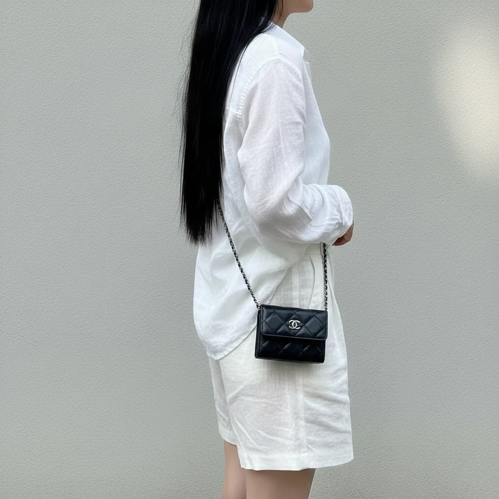 Include Entrupy Certificate of Authenticity｜Very Good ( Rank A)｜ CHANEL Coco Mark Lambskin Matrasse Bow Chain Mini WOC Black Made In 2021-2022Year｜S26052509