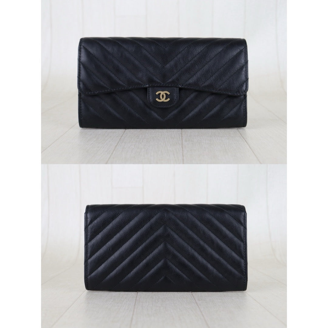 Include Entrupy Certificate of Authenticity｜Very Good ( Rank A)｜CHANEL Calf Skin Black Long Wallet Made In 2016-2017Year｜S26053007