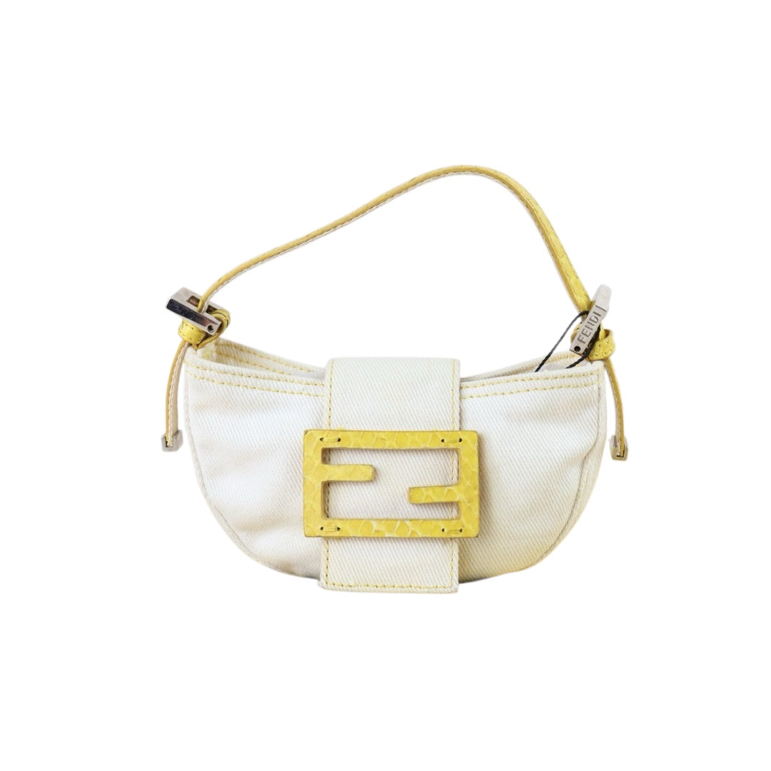 Include Entrupy Certificate of Authenticity｜Good ( Rank AB)｜ FENDI White Denim and Yellow Python Mini Croissant Shoulder Bag ｜X26090802