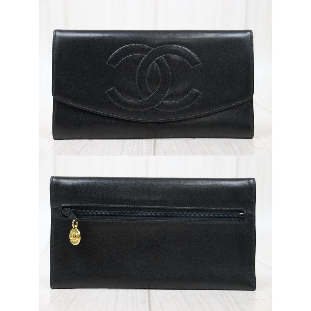 Good ( Rank AB)｜CHANEL Lambskin Black Long Wallet Made In 1991-1994 Year｜W24120911
