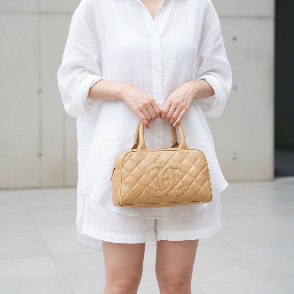 Include Entrupy Certificate of Authenticity｜Good ( Rank AB)｜ CHANEL Caviar Skin  Calf Leather Bowling Hand Bag Beige Made In 2003～2004Year｜26051302