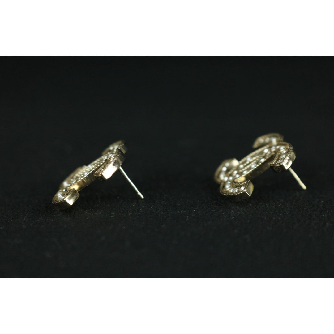 Very Good ( Rank A) ｜ CHANEL B20V Coco Mark Pearl Rhinestone Golden Earrings Made In 2020Year ｜S25121114