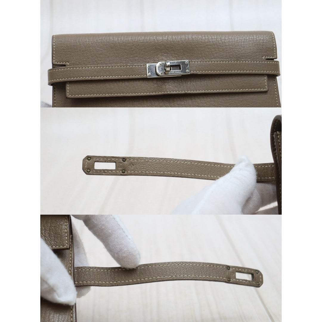 Include Entrupy Certificate of Authenticity｜Good ( Rank AB)｜ HERMES Goatskin Kelly Long Wallet Etoupe □Q Stamp Made In 2013Year｜W26020602