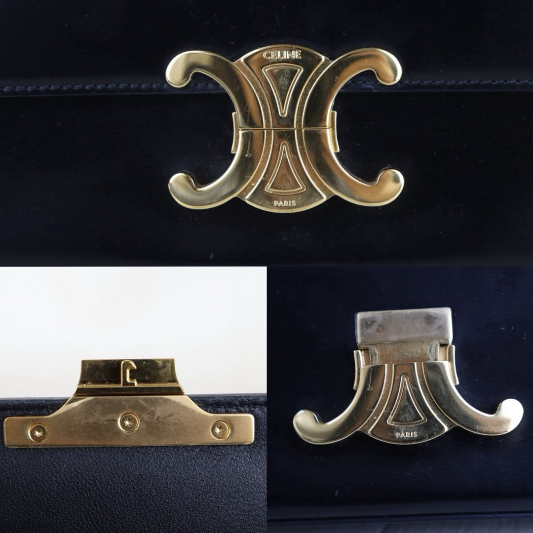Include Entrupy Certificate of Authenticity｜Good ( Rank A) ｜CELINE Calf Leather Triomphe Black Shoulder Bag Golden Hardware｜S26080113