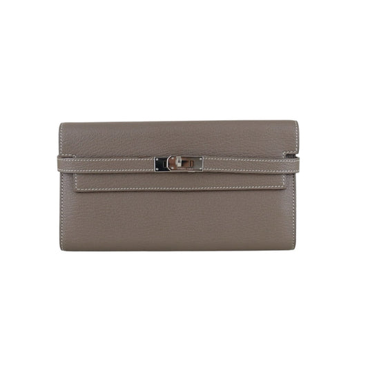 Very Good ( Rank A)｜ HERMES Goatskin Kelly Long Wallet Etoupe □R Stamp Made In 2014Year｜S26012706