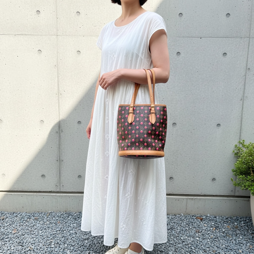 Include Entrupy Certificate of Authenticity｜Good ( Rank AB)｜ Louis Vuitton Takashi Murakam Cherry Monogram Petit Bucket PM Tote Bag With Pouch｜S26030910