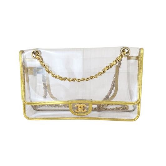 Include Entrupy Certificate of Authenticity｜Good ( Rank AB) ｜ CHANEL Vintage Clear PVC Gold Trim Classic Flap  Chain Bag Made In 2006-2008 Year｜S26083011