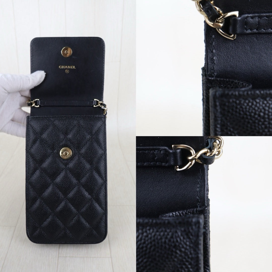 Include Entrupy Certificate of Authenticity｜Excellent（Rank SA）｜Full Set CHANEL 23S Caviar Skin Bow Matrasse Chain Phone Holder Black  IC Chips Model ｜S26051507